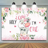 Lofaris Pink And White Floral Holy Cow 1st Birthday Backdrop